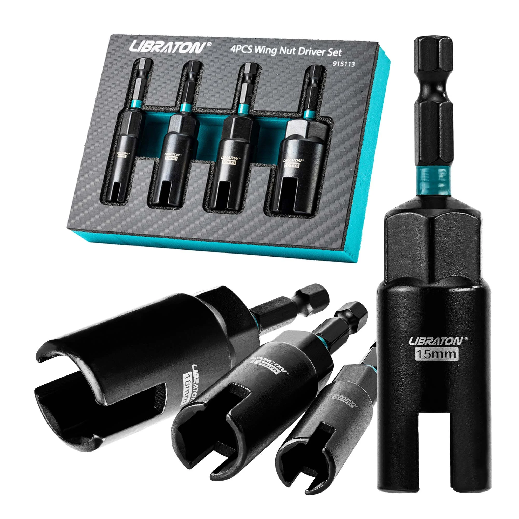 Libraton 4PCS Wing Nut Driver Set, 1/4″ Hex Shank 9mm-18mm with EVA Case