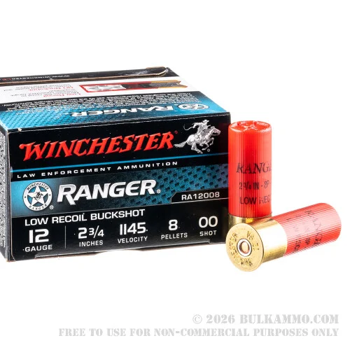 250 Rounds of 12ga Ammo by Winchester Ranger -00 Buck 8 Pellets Low Recoil