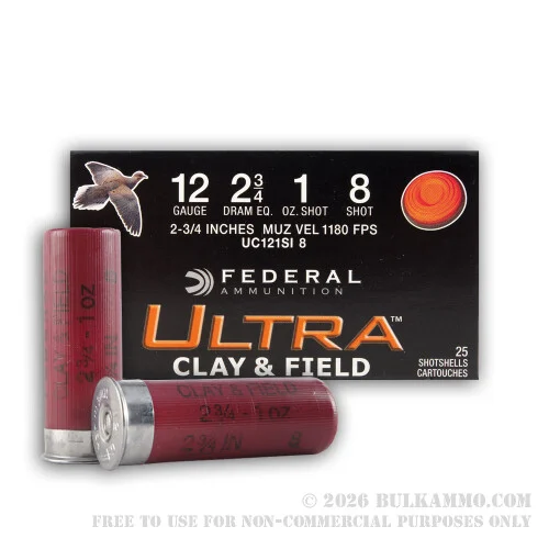 250 Rounds of 12ga Ammo by Federal Ultra Clay & Field - 1 ounce #8 shot