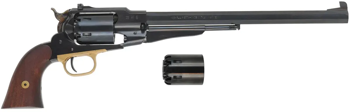 1858 Remington Bison Revolver,.44 caliber, 12" barrel,percussion, blued steel frame, target sights, extra cylinder, used, by Pietta.