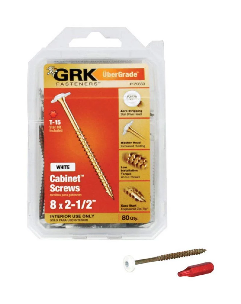 GRK Screws 120660 #8×2-1/2 Star Drive Washer Head White Steel Low Profile Cabinet Screws, 80/Box