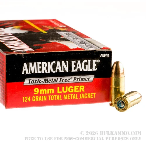 50 Rounds of 9mm Ammo by Federal American Eagle - 124gr TMJ - Non-Tox