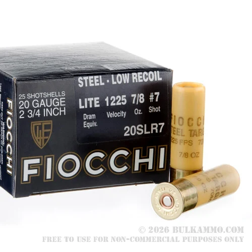 25 Rounds of 20ga Low Recoil Ammo by Fiocchi - 7/8 ounce #7 Shot (Steel)