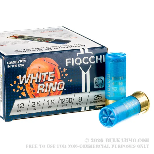 250 Rounds of 12ga White Rhino Ammo by Fiocchi - 1 1/8 ounce #8 shot