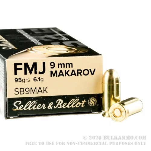 50 Rounds of 9x18mm Makarov Ammo by Sellier & Bellot - 95gr FMJ