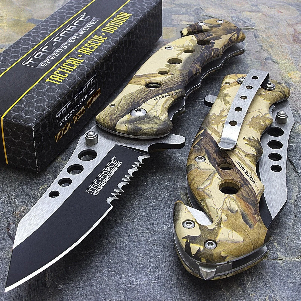 7.75″ Tac Force Brown Forest Wood Camo Tactical Rescue Pocket Knife