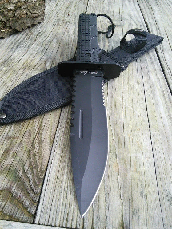 12″ Survivor Brand Knife Full Tang Black Sawback Survival Knife HK-796