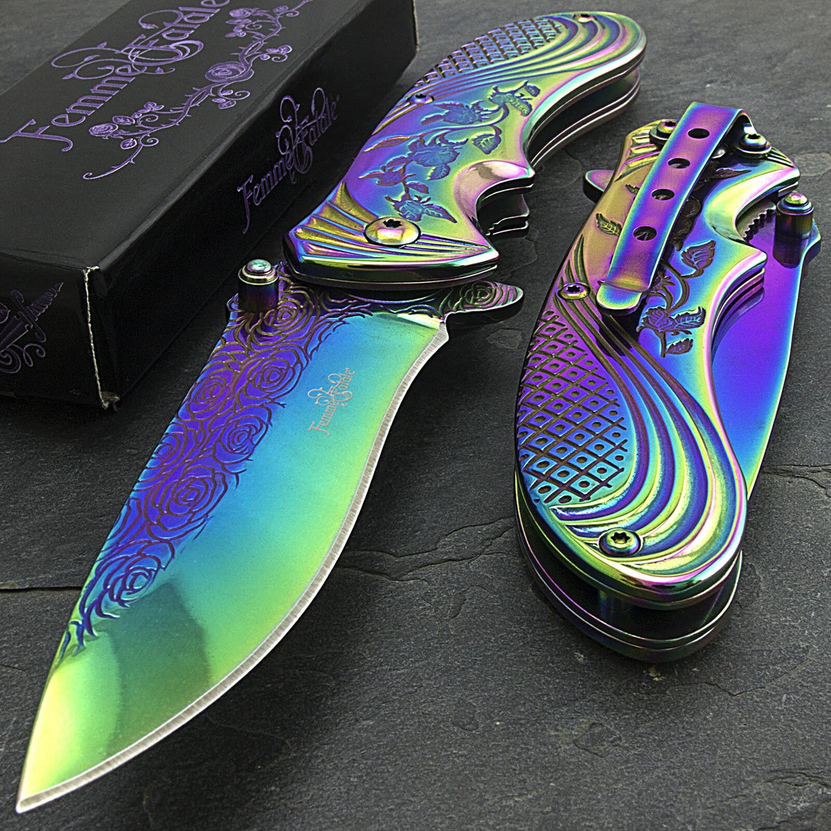 6″ Femme Fatale Fantasy Rainbow Purple Rose Ladies Pocket Knife