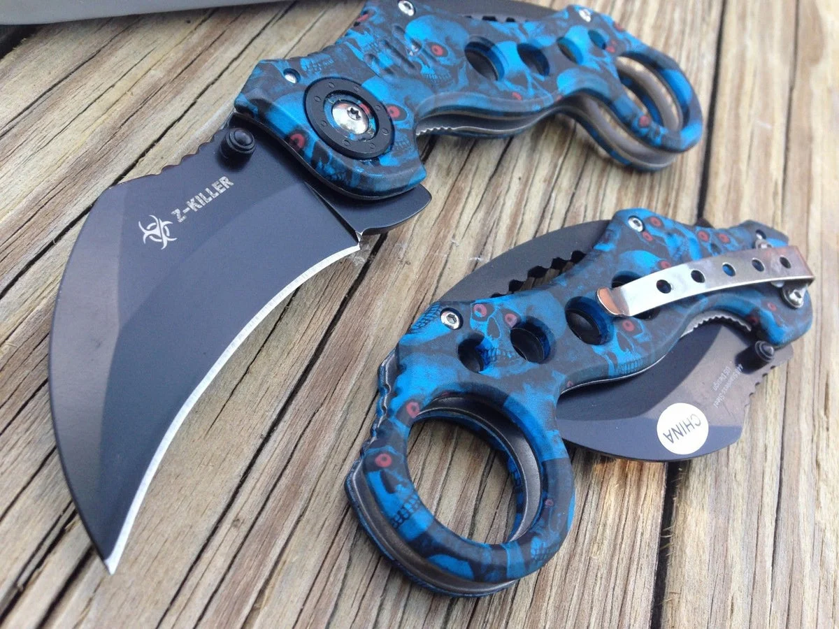 7.5″ Z-Hunter Blue Zombie Skulls Fantasy Tactical Karambit Knife