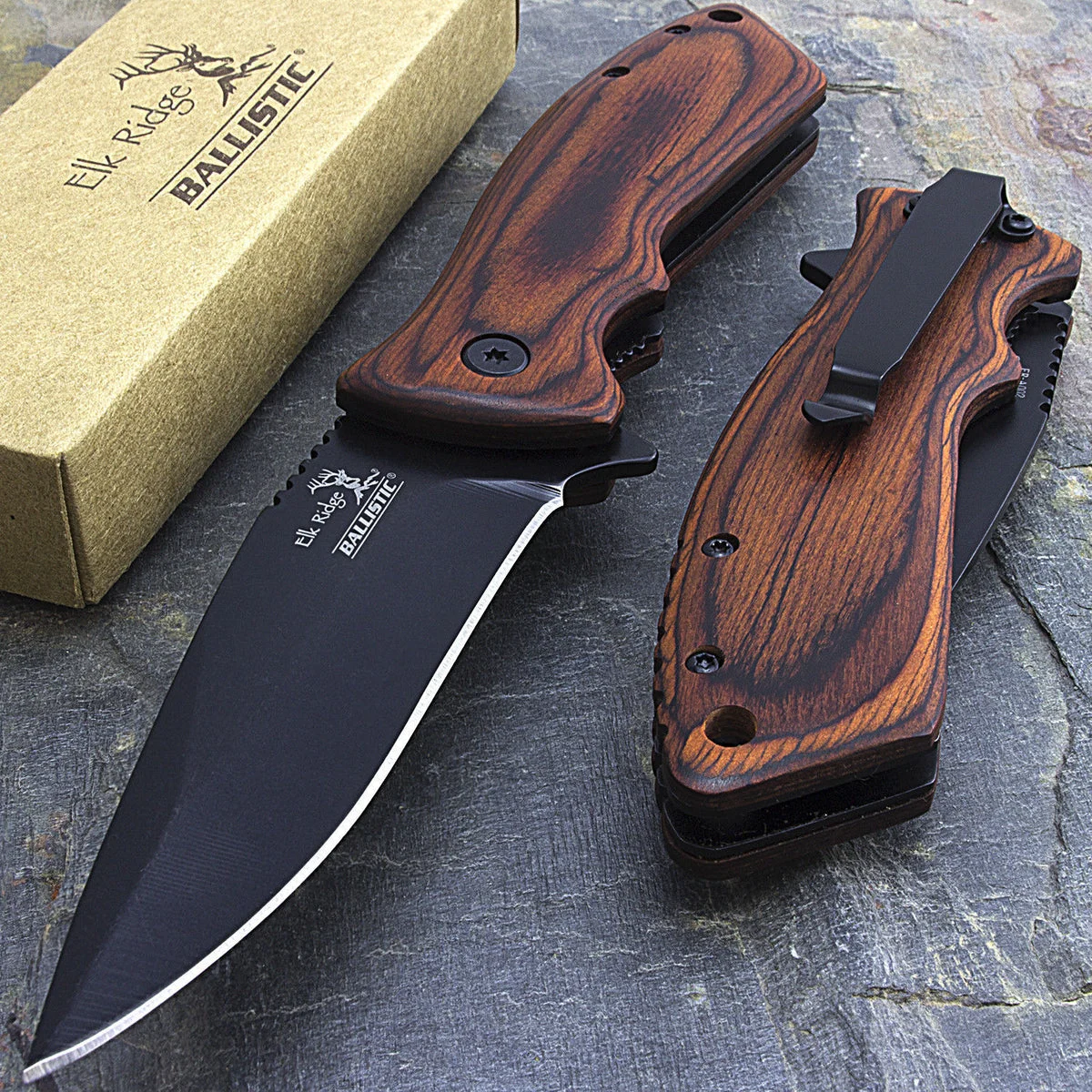7.75″ Elk Ridge Wood Assisted Open Camping Knife (ER-A002PW)