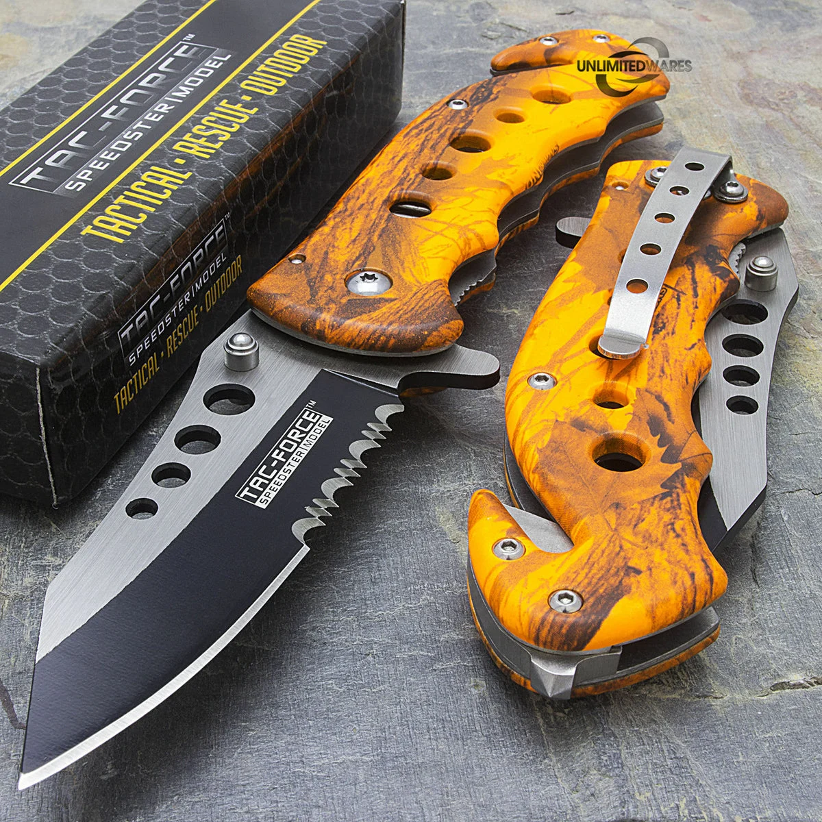 7.75″ Tac Force Orange Camo Assisted Rescue Pocket Knife