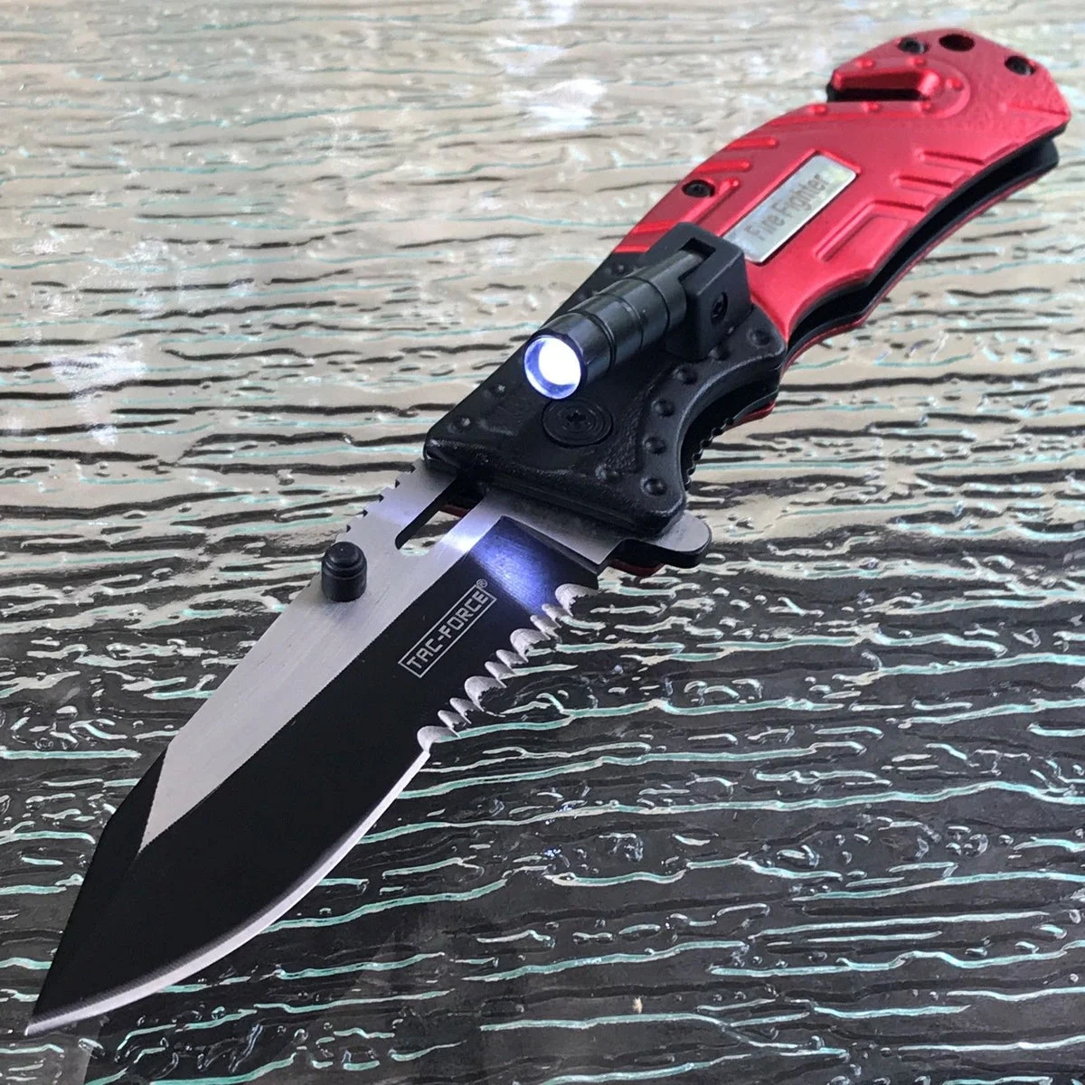7.75″ Tac Force Red Fire Fighter Rescue LED Flashlight Pocket Knife