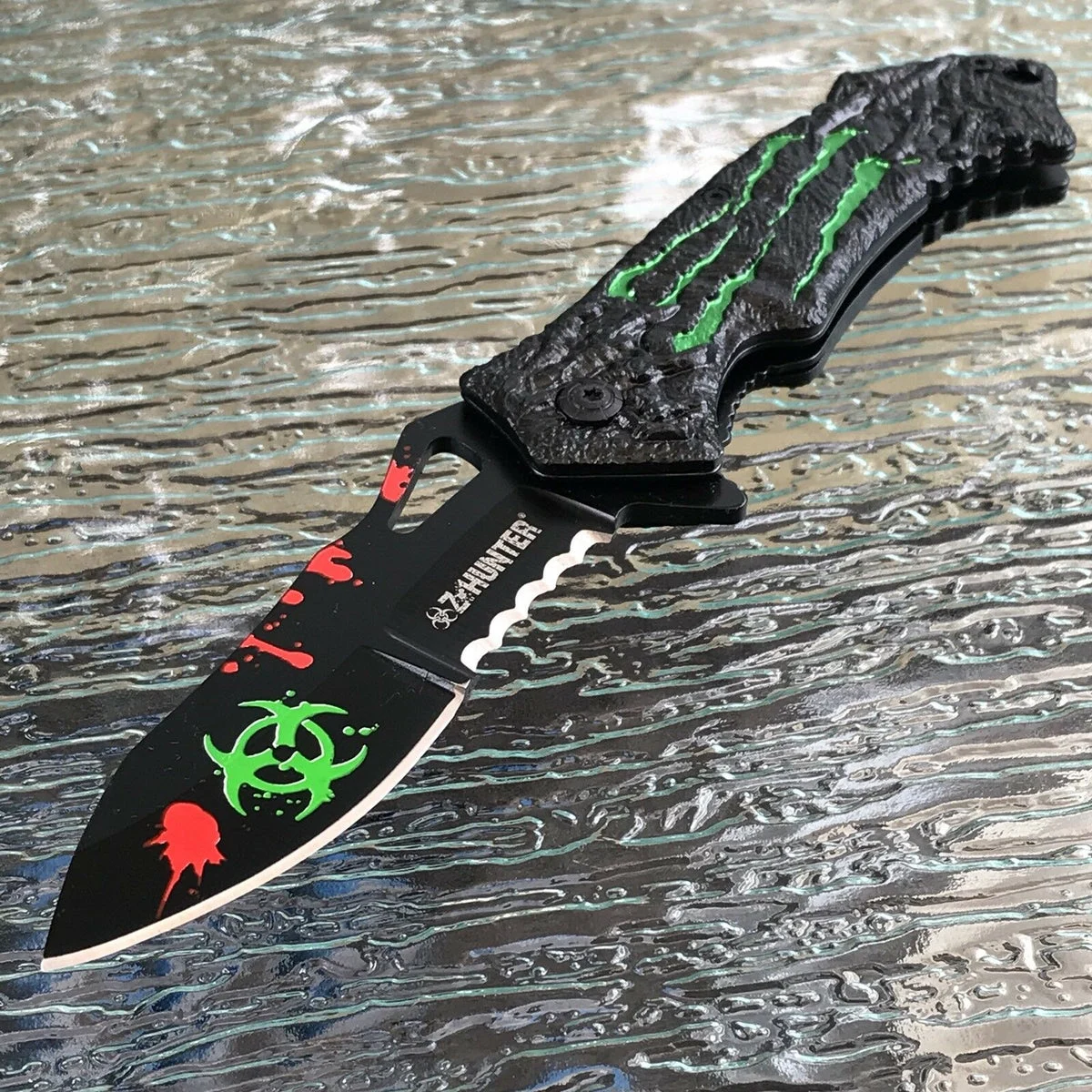 7.75″ Zombie Hunter Apocalypse Biohazard Green Claw Pocket Knife