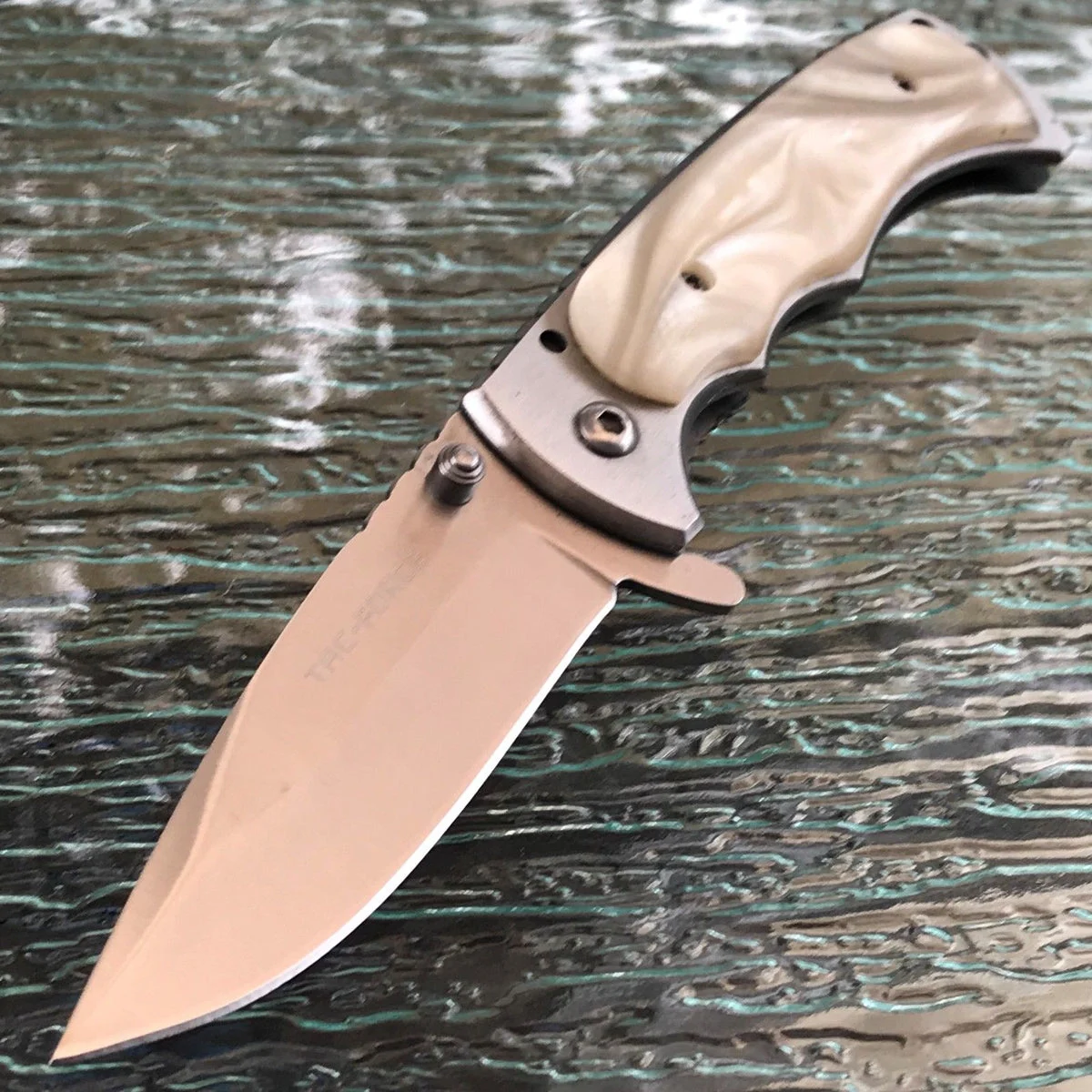 7″ Tac Force White Pearl Handle Spring Assisted Pocket Knife