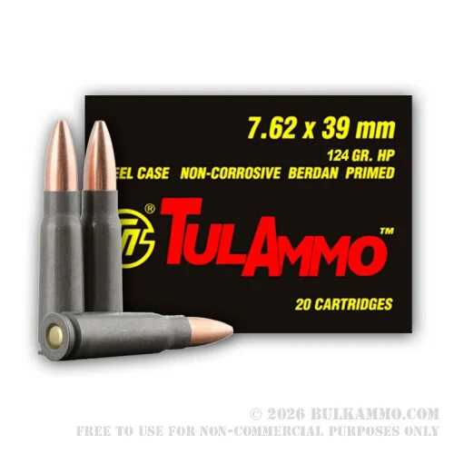 20 Rounds of 7.62x39mm Ammo by Tula - 124gr HP
