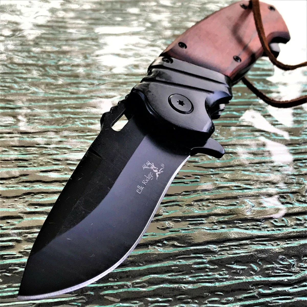 8.25″ ELK RIDGE WOOD HANDLE ASSISTED FOLDING EDC FOLDING POCKET KNIFE w/ LEATHER LANYARD