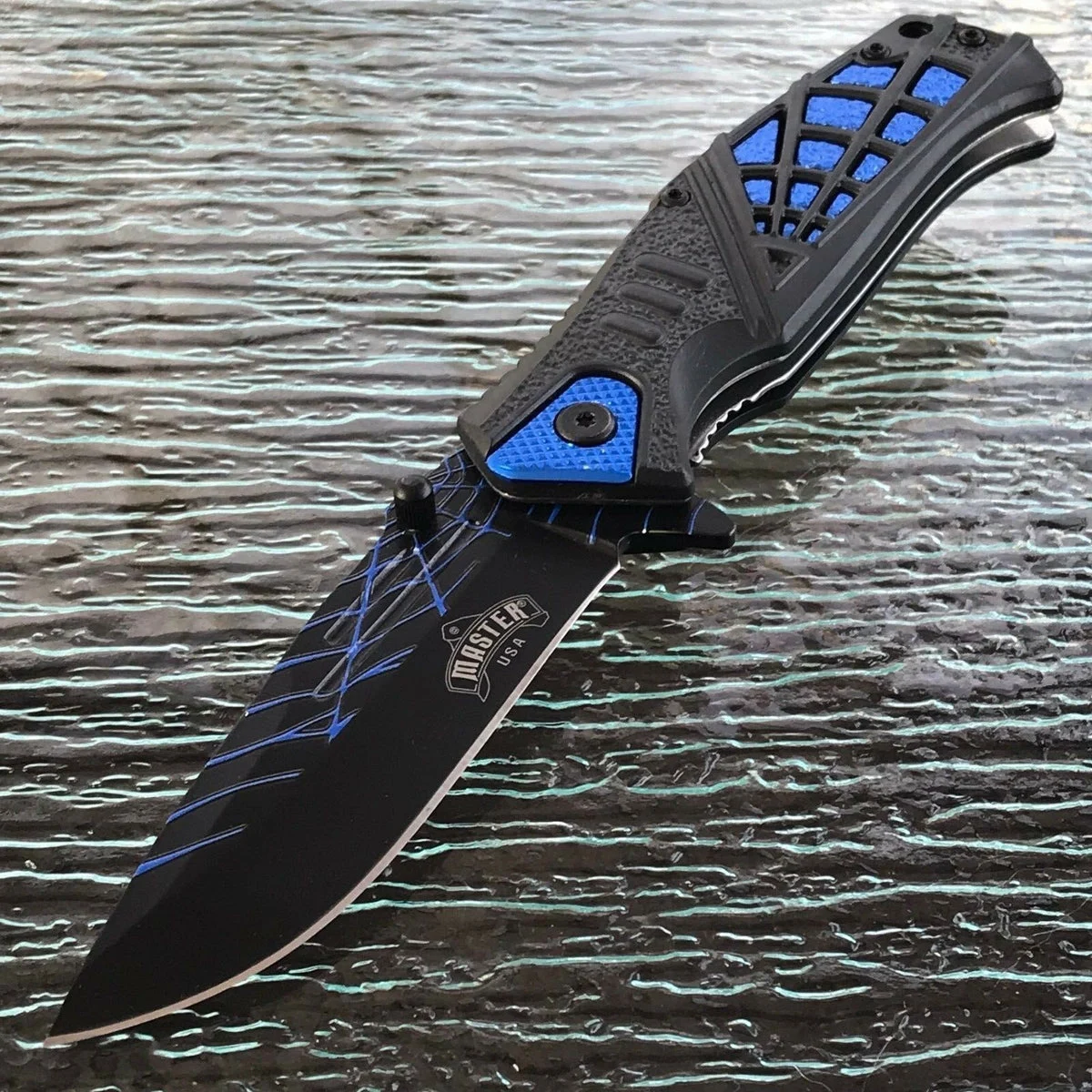 8.35″ MASTER USA SPRING ASSISTED TACTICAL BLUE HANDLE FOLDING Pocket KNIFE OPEN