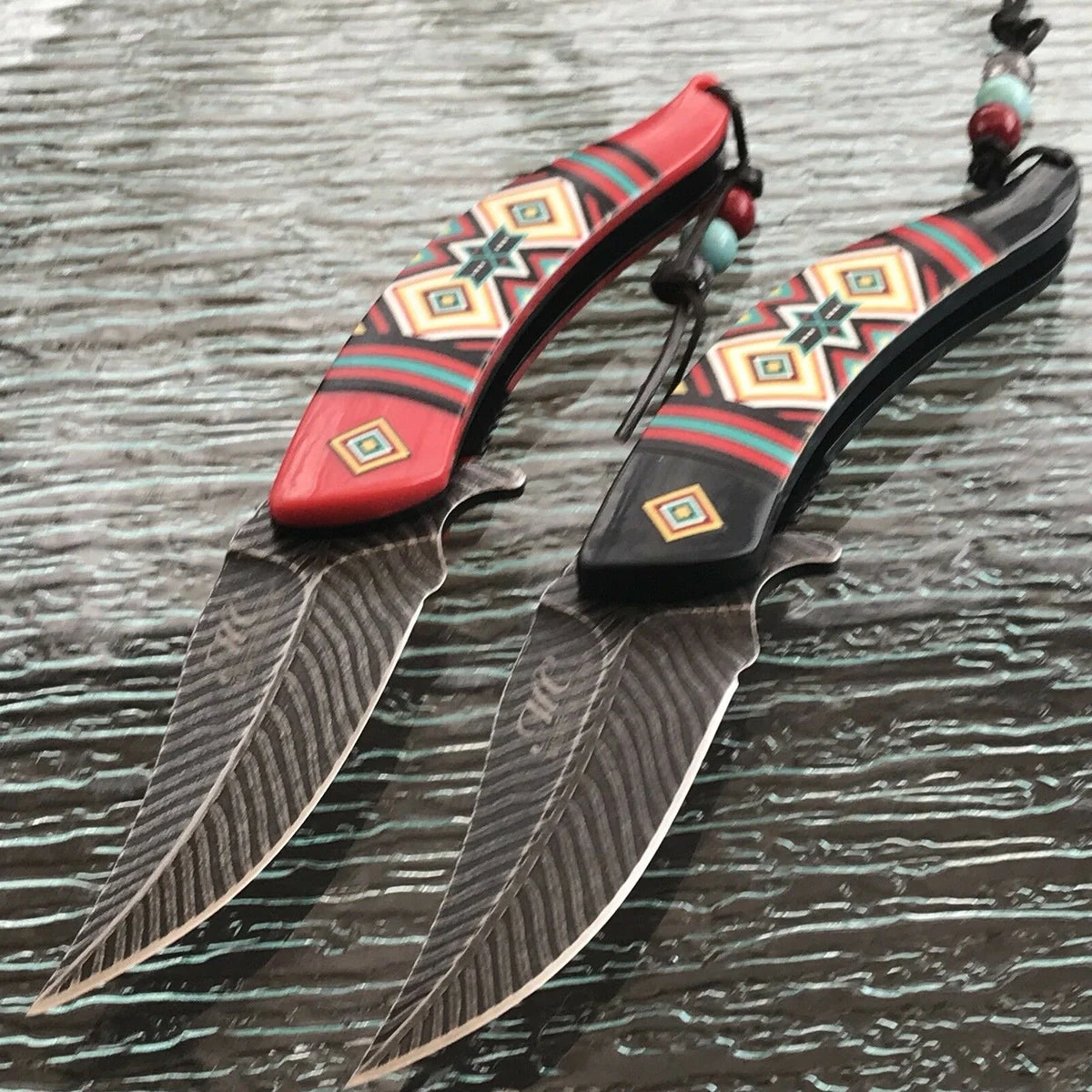 8.5″ NATIVE AMERICAN BLACK AND RED SPRING ASSISTED DAMASCUS KNIVES