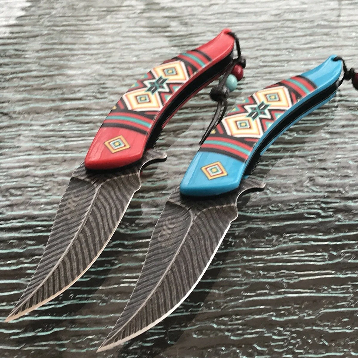 8.5″ NATIVE AMERICAN BLUE AND RED SPRING ASSISTED DAMASCUS KNIVES