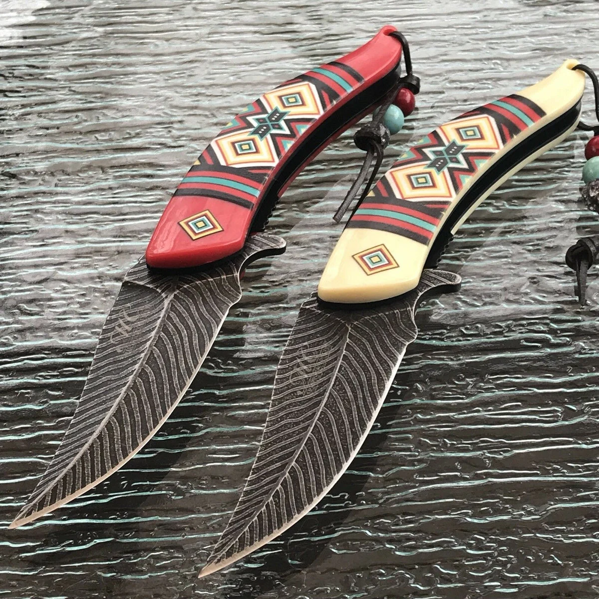 8.5″ NATIVE AMERICAN WHITE RED SPRING ASSISTED FOLDING KNIFE Indian Assist Open