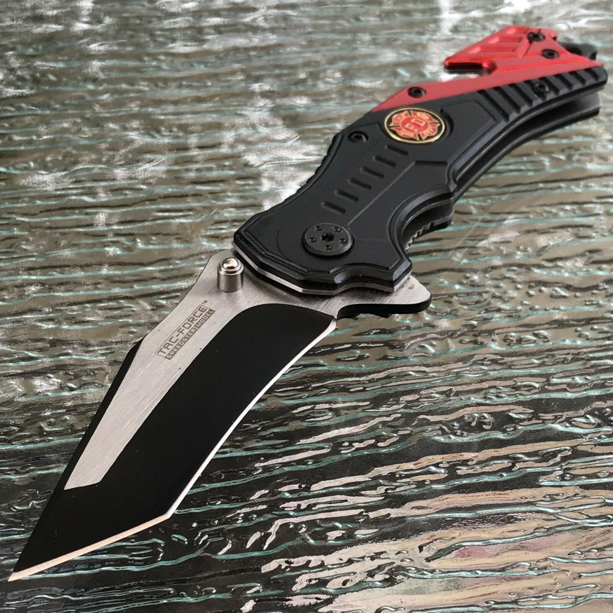 8.5″ Tac Force Black & Red Fire Fighter Tanto Rescue Pocket Knife