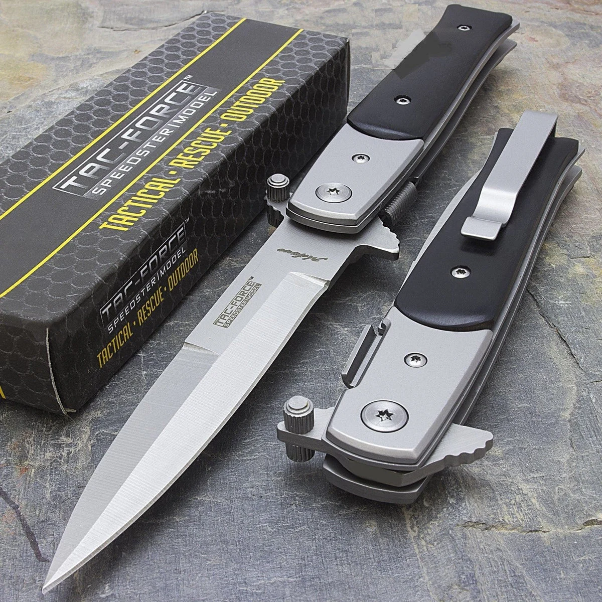 8.5″ Tac Force Black & Silver Stiletto Pocket Knives (TF-428BW)