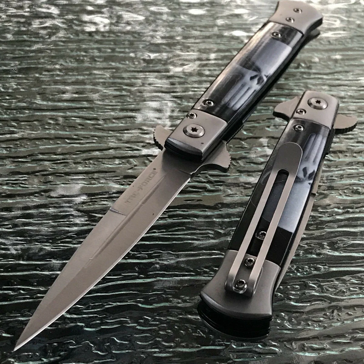 8.5″ Tac Force Punisher Skull Stiletto Spring Assisted Pocket Knife