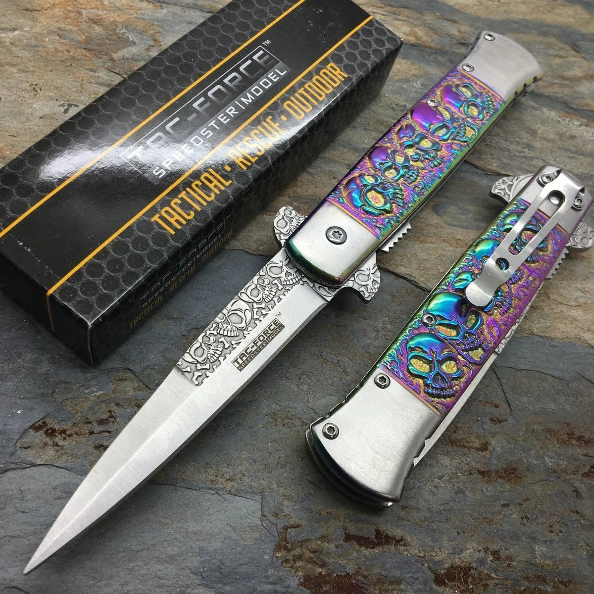 8.5″ Tac Force Speedster Model Rainbow Skulls Gravedigger Pocket Knife
