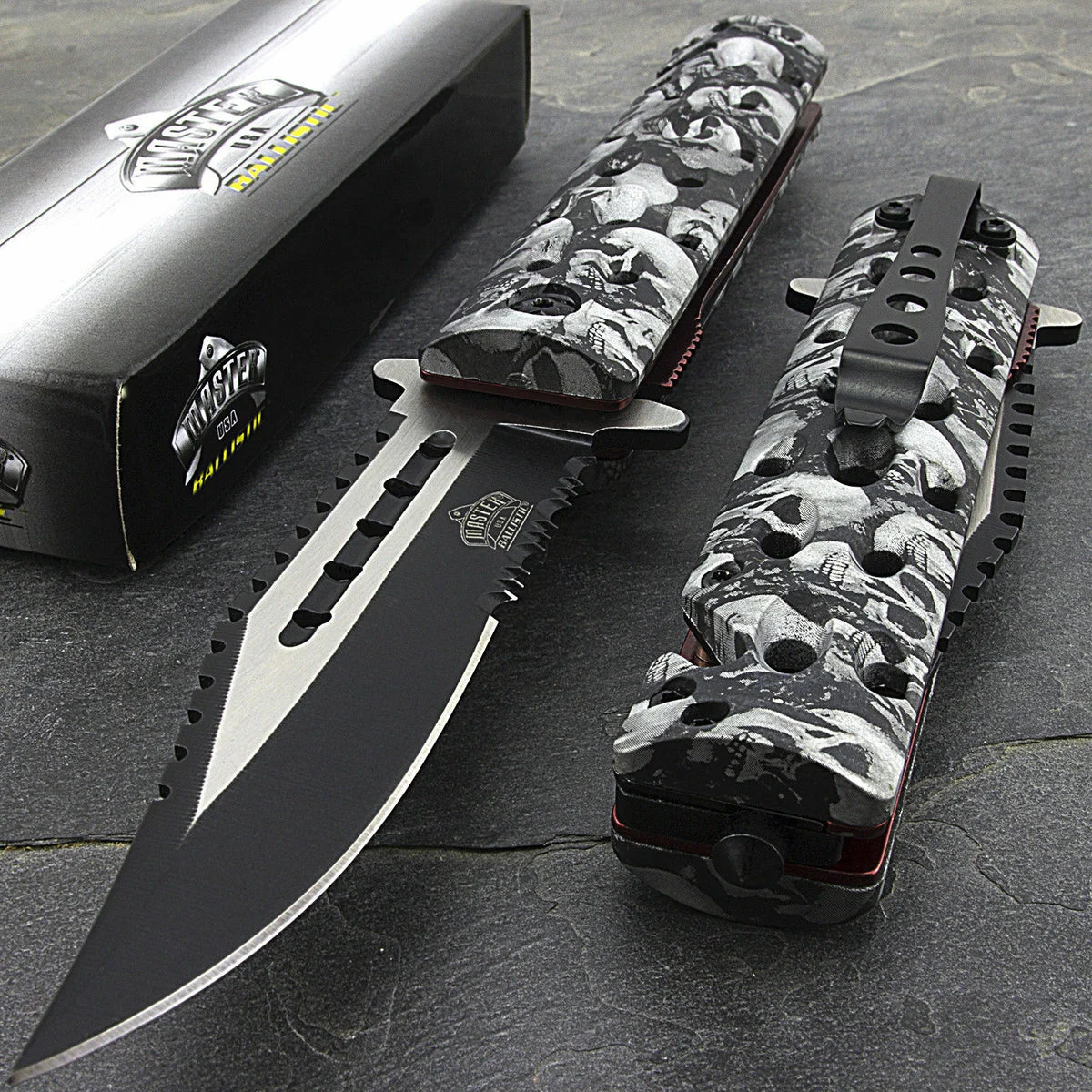 8.75″ Master USA Gray Fantasy Zombie Skulls Pocket Knife (MU-A007GY)
