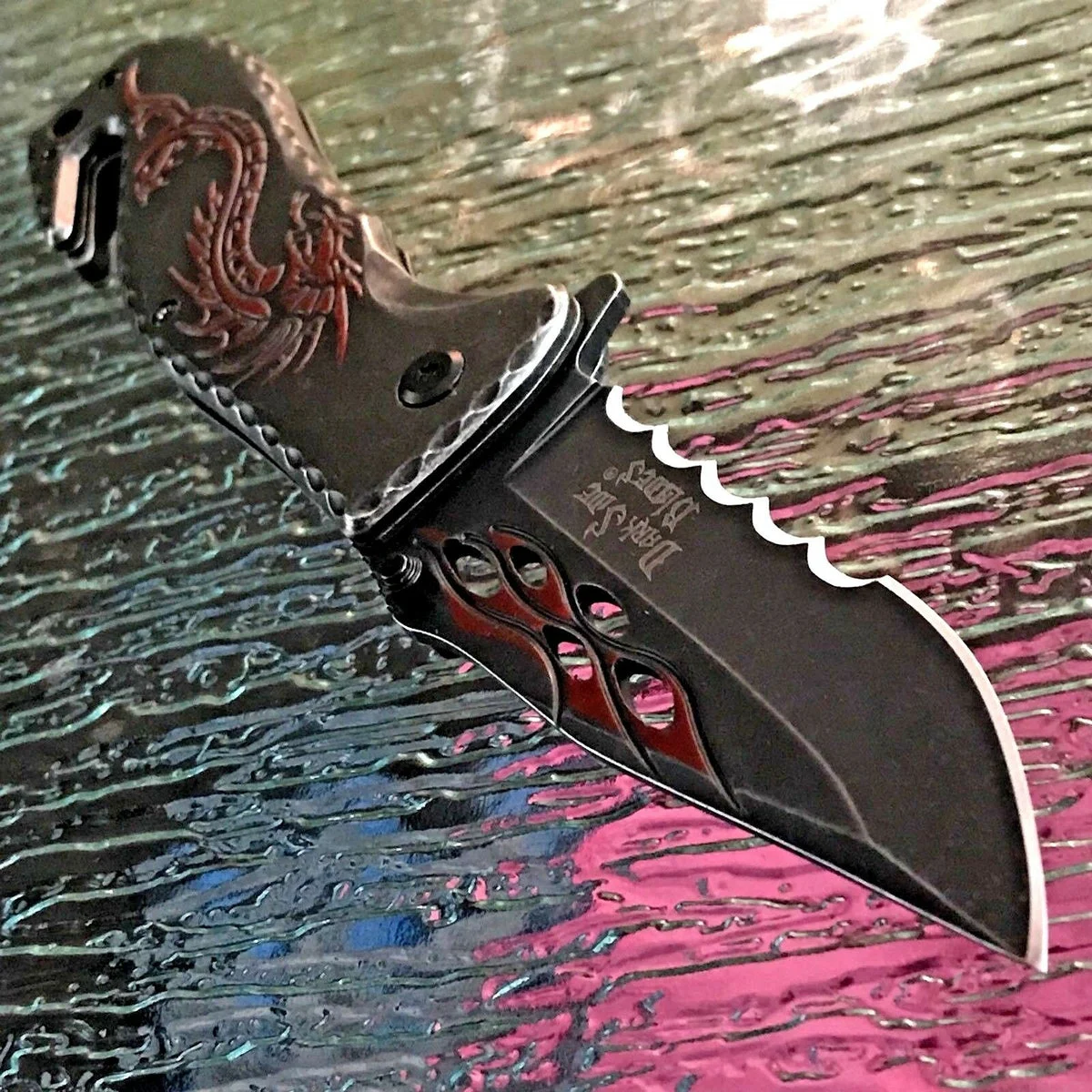 8″ Dark Side Blades Mini Fantasy Ballistic Red Flames & Dragon Knife