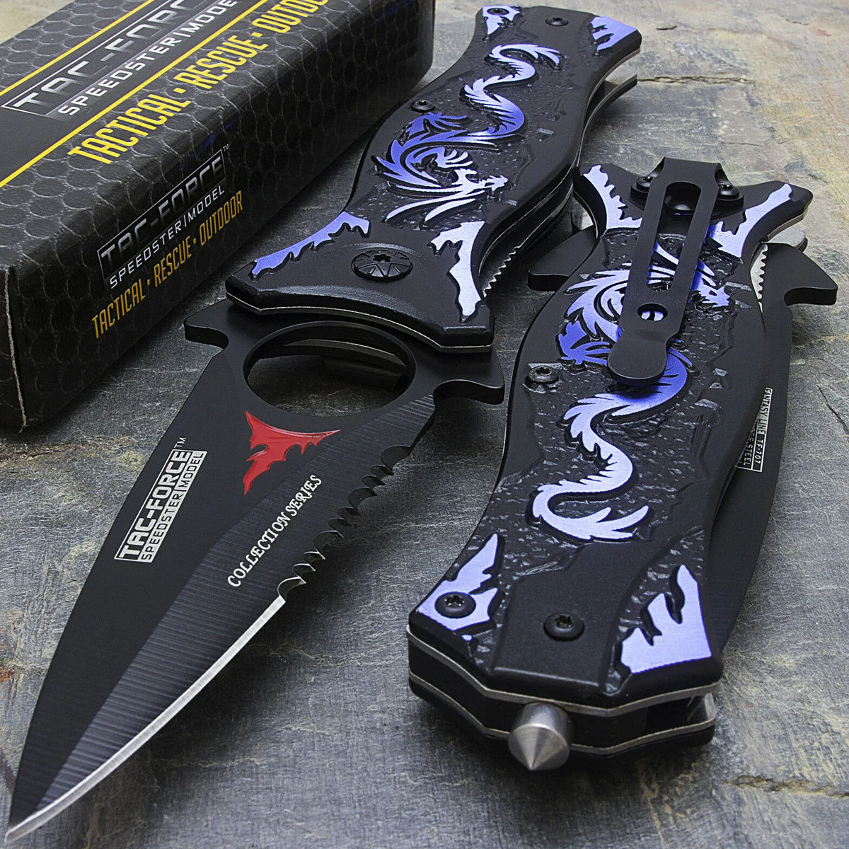 8″ Tac Force Blue Dragon Spring Assisted Folding Fantasy Knife