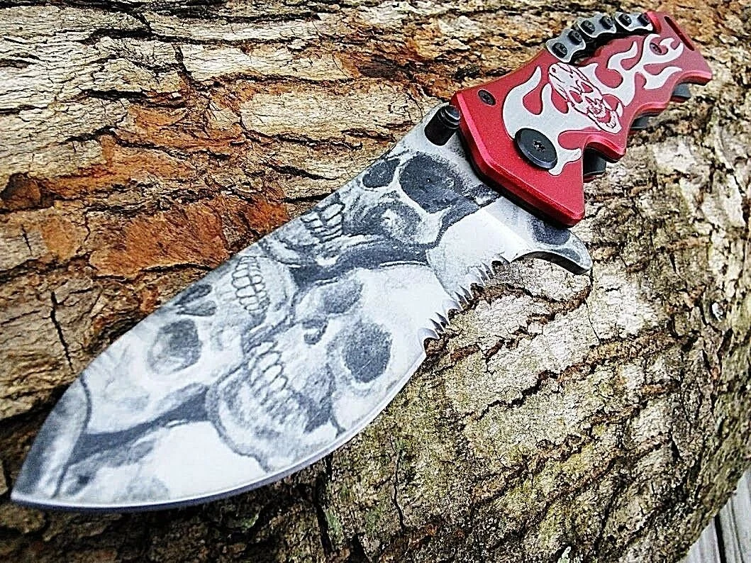 8″ Tac Force Red Skulls Chain & Flames Quality Fantasy Pocket Knife