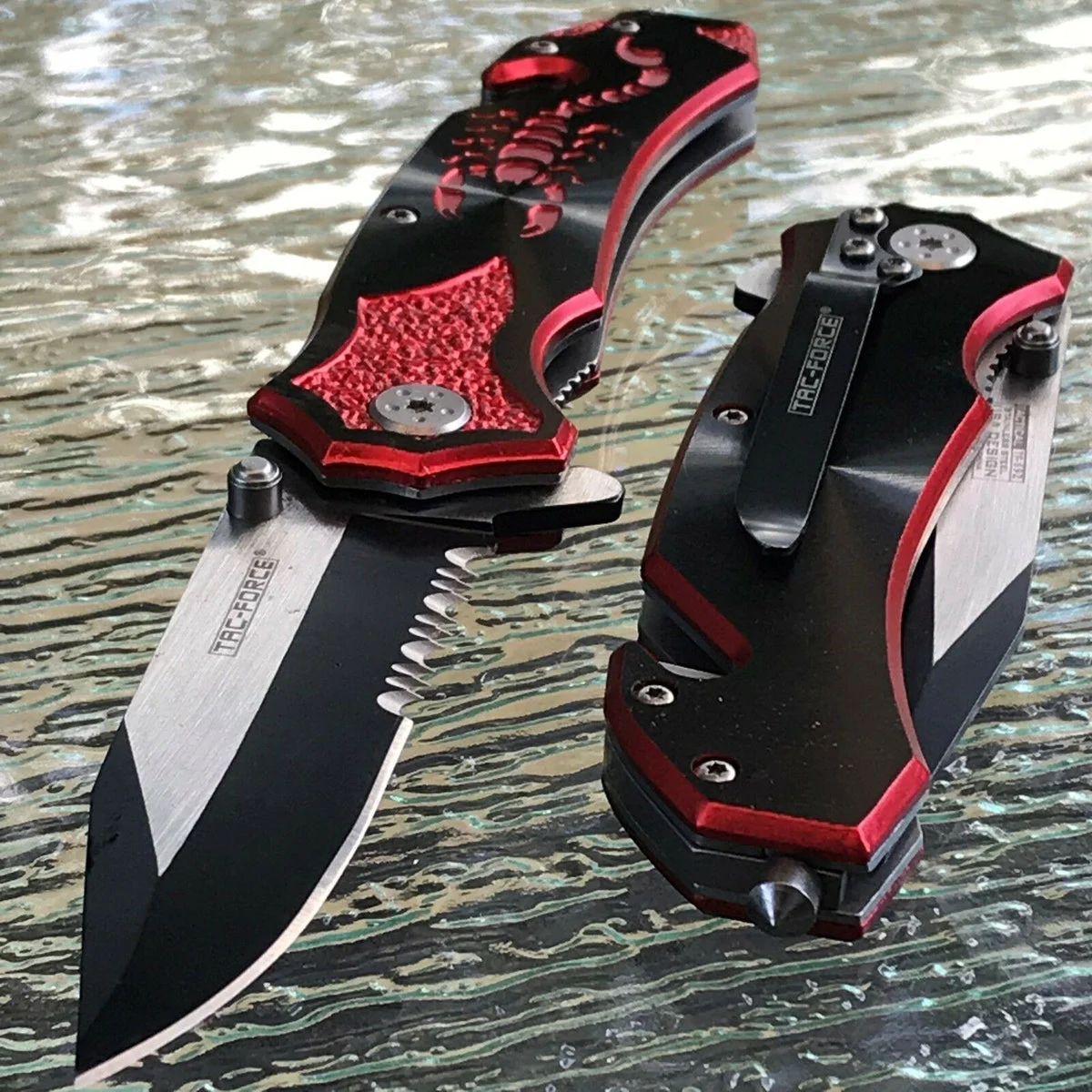 8″ TAC FORCE SPRING ASSISTED TACTICAL RED SCORPION FOLDING POCKET KNIFE OPEN NEW