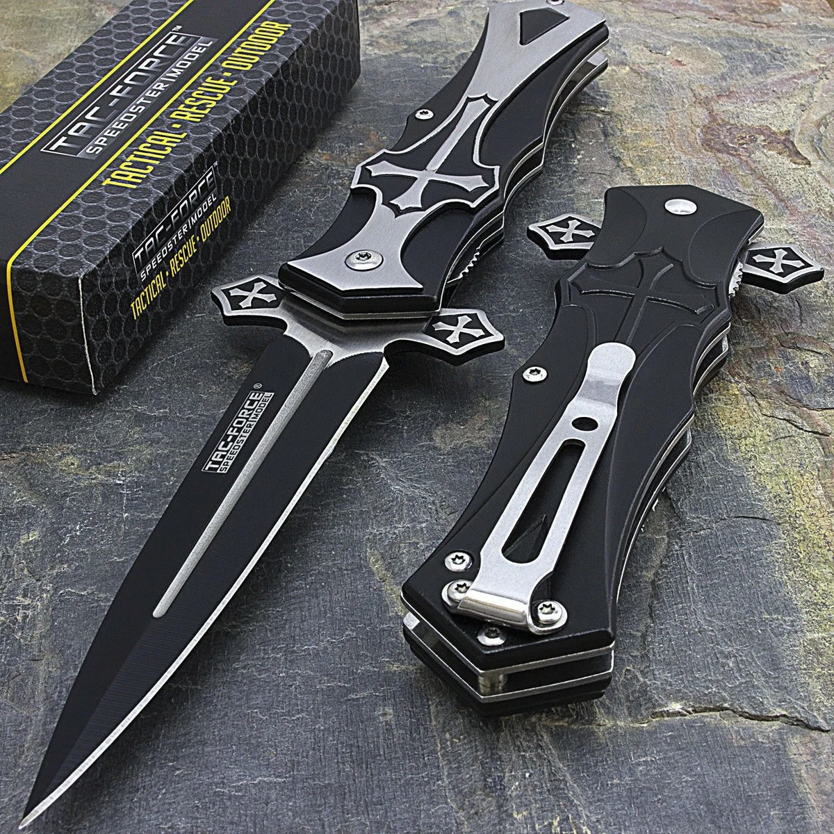 9″ Tac Force Black Celtic Cross Assisted Tactical Dagger Pocket Knife