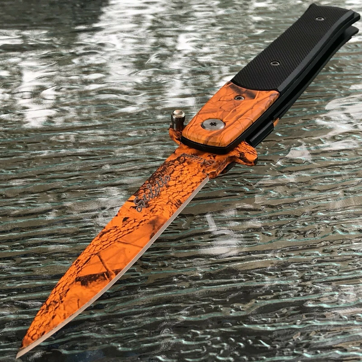 9″ Tac Force Jungle Orange Camo Tactical Stiletto G10 Pocket Knife