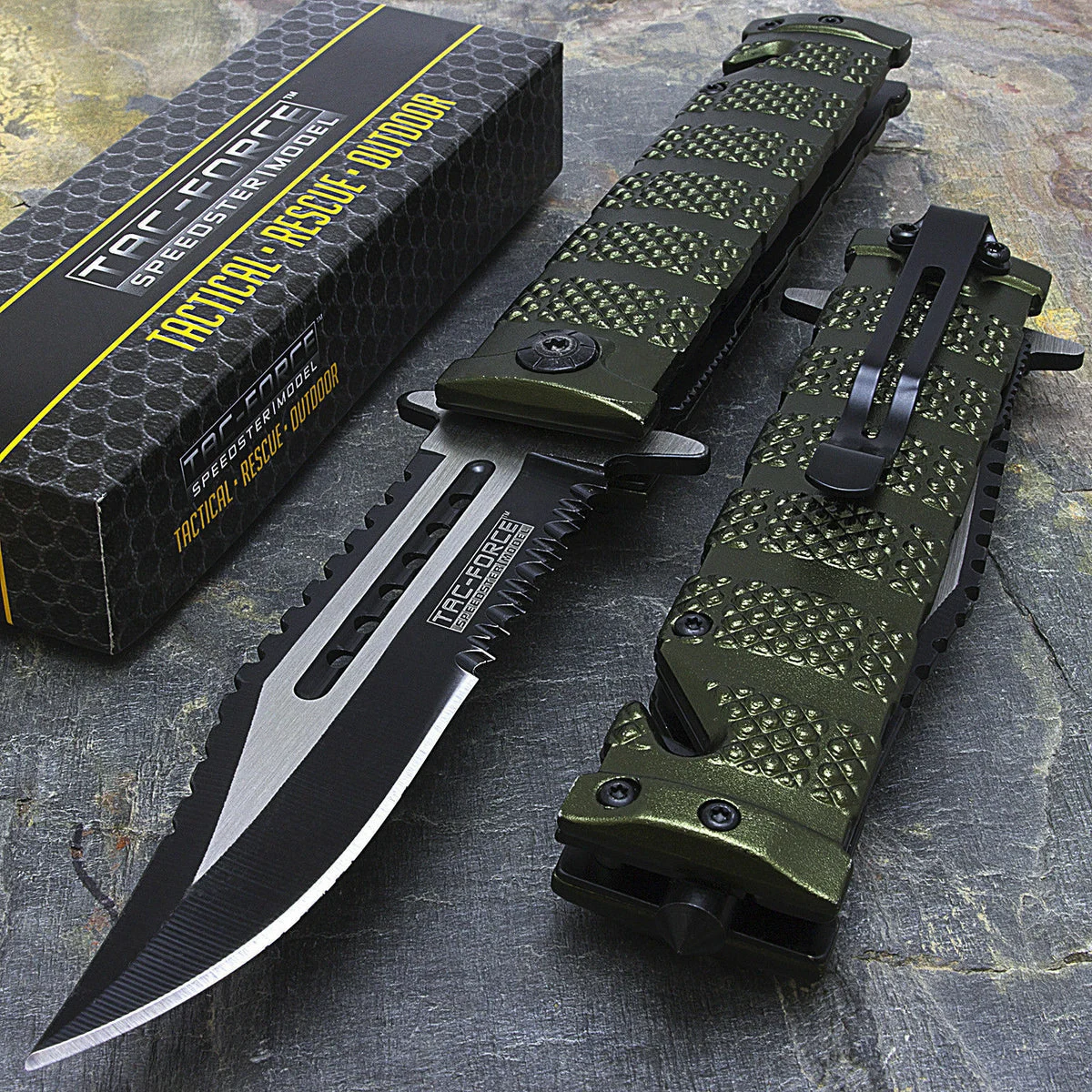 9″ Tac Force Military Bowie Green Sawback Pocket Knife