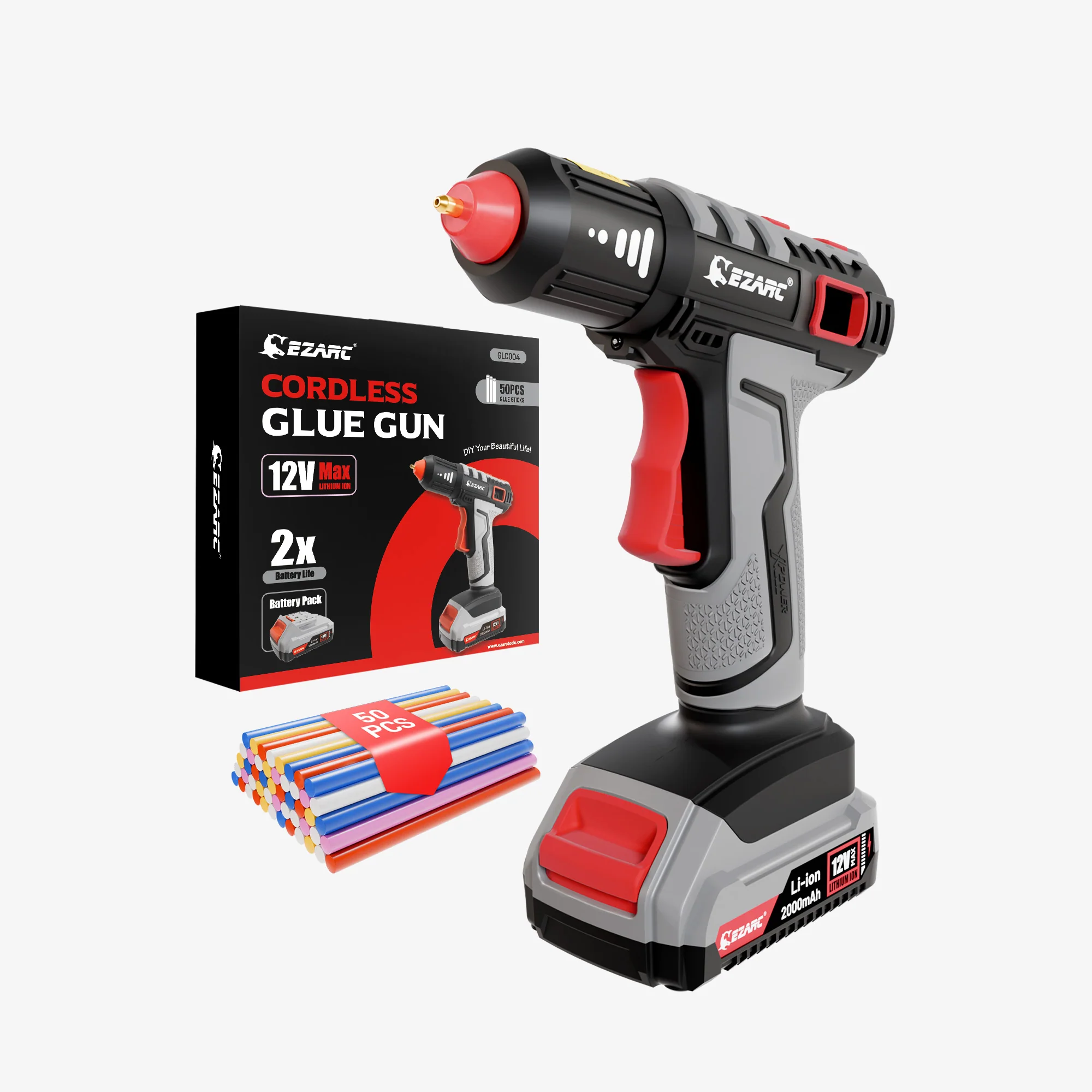 EZARC 12V Cordless Hot Glue Gun, 15s Fast Heat Mini Glue Gun with 50 Glue Sticks (Clear & Colored) for DIY, Repairs & Crafts
