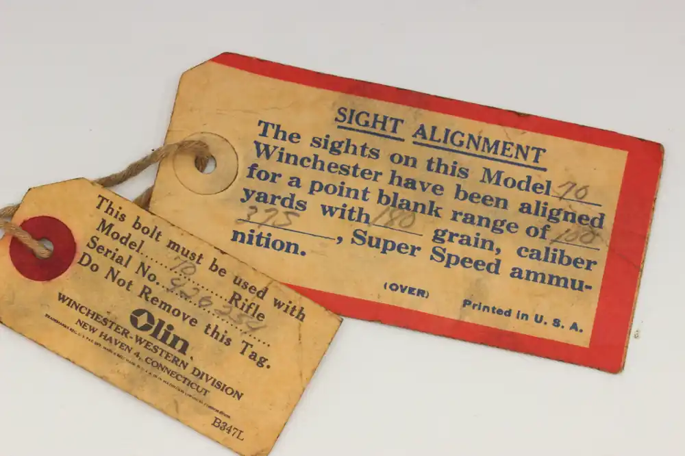 Winchester Model 70 Hang Tag – sight alignment and bolt