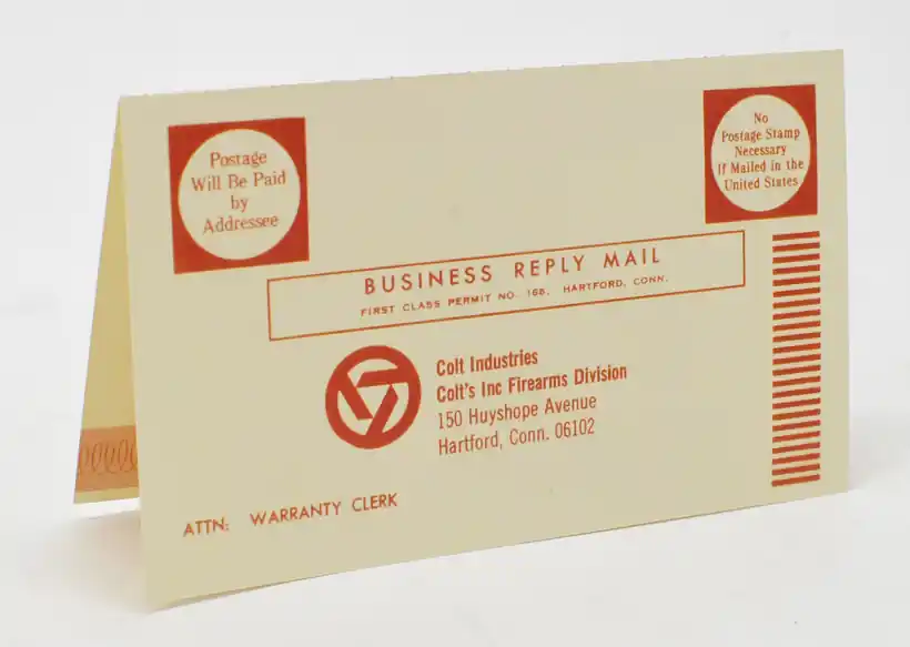 Colt Industries Firearm Warranty Card. Vintage Card For Colt Handguns. 1911, Python, Anaconda, Diamond..