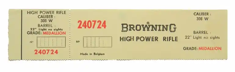 Browning Belgium Medallion 308 Win. 22 Inch Light Barrel, No Sights. Factory Original Box Label. New..