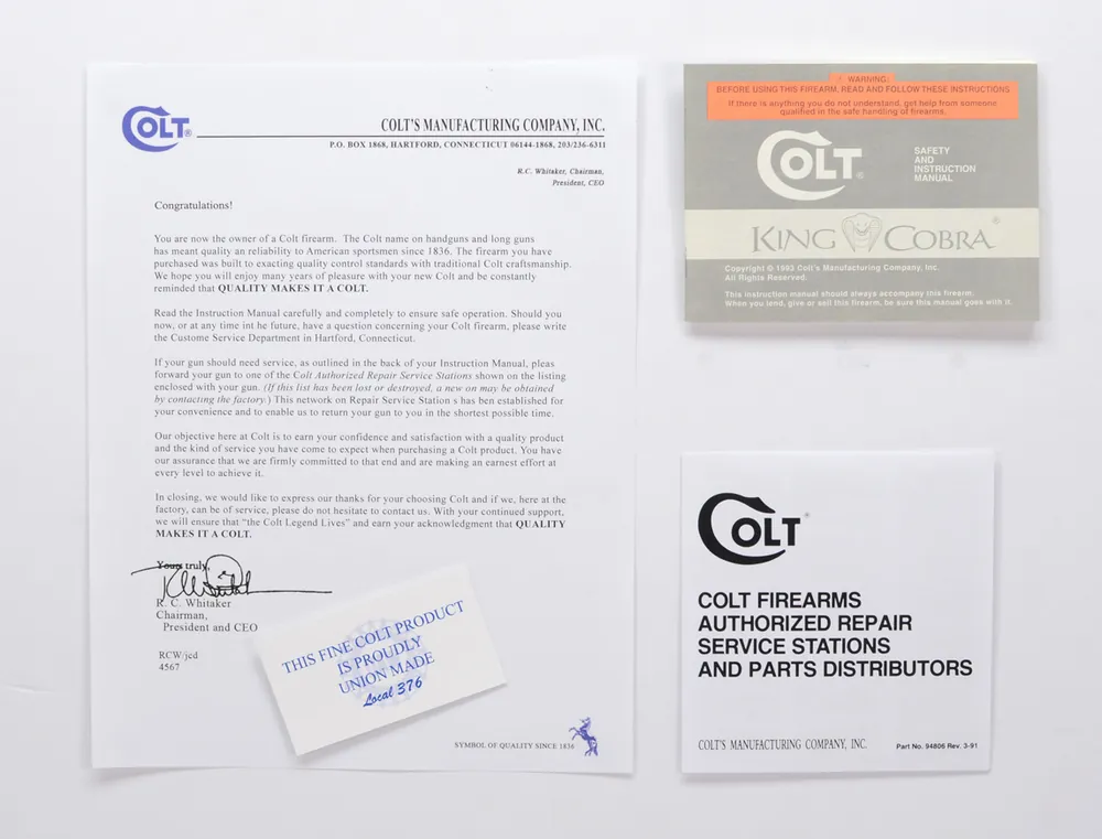 Colt King Cobra 1993 Manual, Repair Stations List, Colt Letter, Etc.