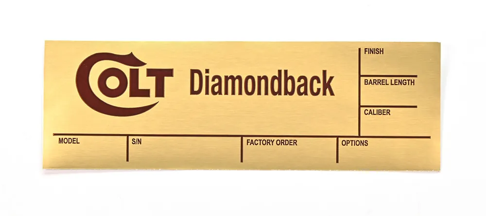 Colt Gold Foil Box Label For Diamondback 2 1/2, 4, And 6 Inch. Used On Wood Grain Box, Circa 1973-1981. Brand New