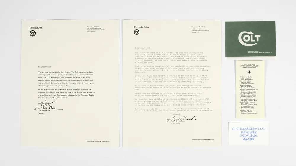 Colt Gold Cup National Match MK IV Series 70 1955-1977 Manual, Repair Stations List, and 2 Colt Letters.
