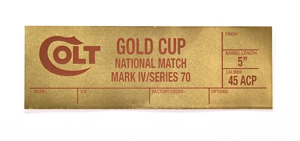 Colt Gold Foil Box Label For 1911 Gold Cup Nat‘l Match MK IV/Series 70. For Wood Grain Box, Circa 1974-1981. Brand New
