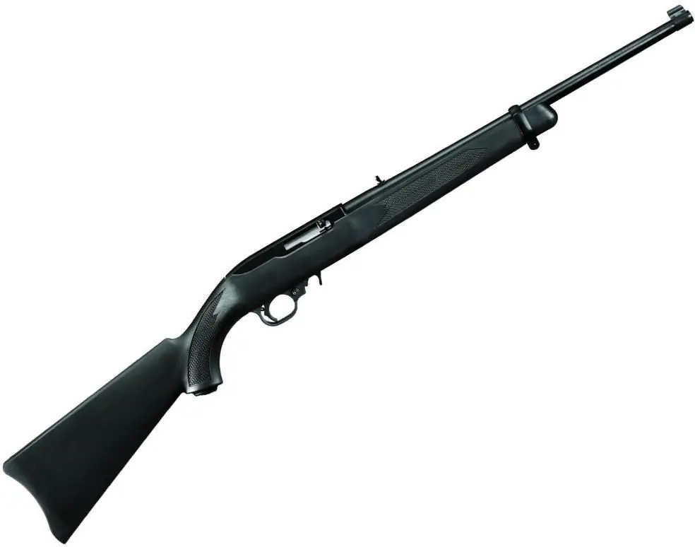 Ruger 10/22 Rimfire Semi-Auto Carbine – 22 LR, 18.50″, Satin Black, Alloy Steel, Black Synthetic Stock, 10rds, Gold Bead Front & Adjustable Rear Sights