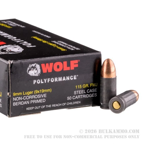 500Rounds of 9mm Ammo by Wolf WPA Polyformance - 115gr FMJ