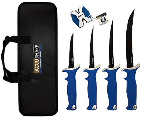 AccuSharp Knife Kit 4.75/5.50/6.50/8" Fixed Fillet Plain Satin Stainless Steel Blade/ Blue Non-Slip Grip TPR Handle Includes 2-Step Sharpener