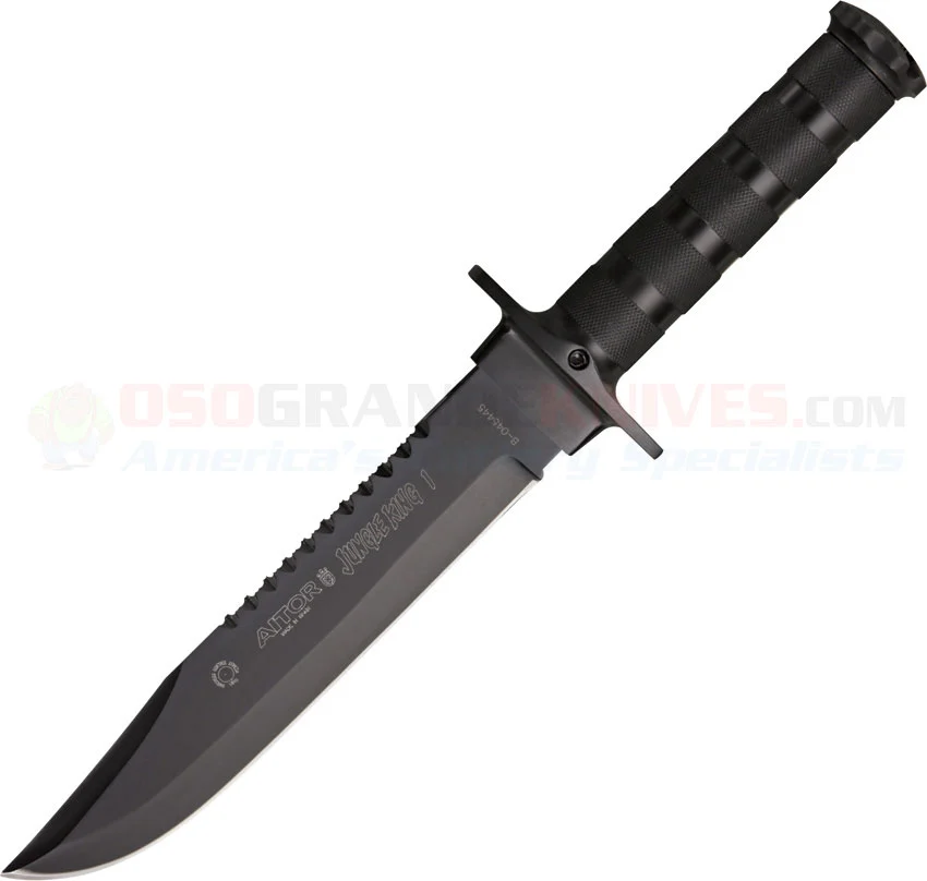 AITOR Jungle King I Survival Knife Fixed (8.0 Inch Black Plain Sawback Blade) Cast Metal Handle + Polyamide Sheath + Survival Kit 16016