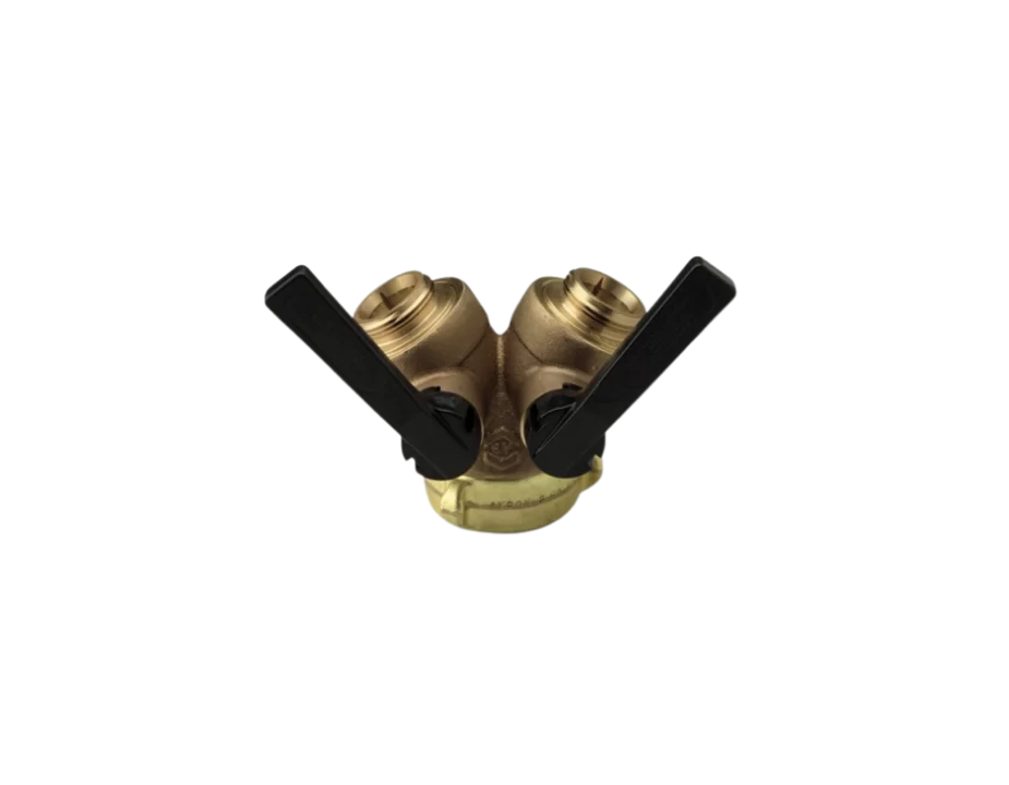 Akron Leader Line Wye 2.5″ NH Inlet X (2) 1.5″ NPSH Outlets brass body, brass handles, stainless steel ball