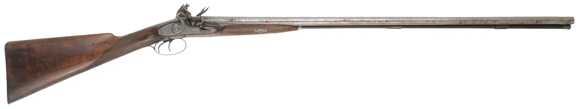 Antique Double Shotgun,24 gauge, 36" Damascus barrels,walnut, iron trim, flintlocks marked E & W Bond